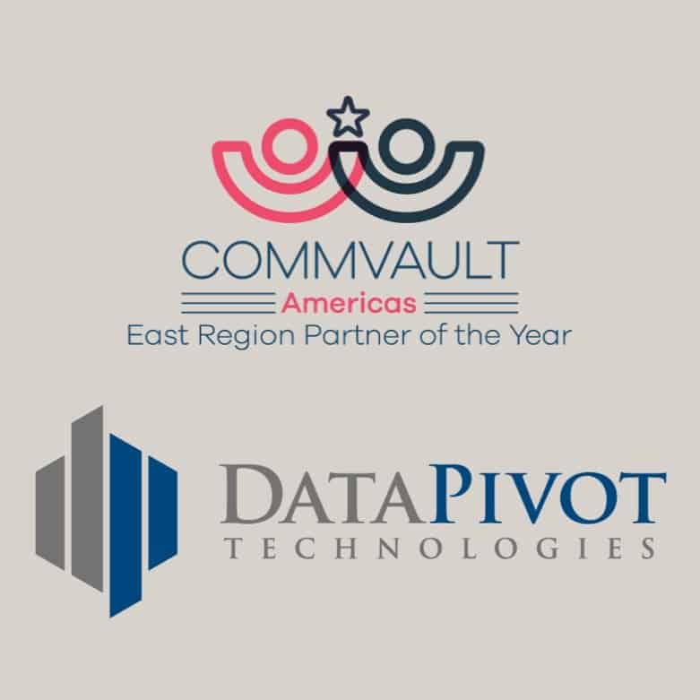 Award graphic with stylized partnership icon, Commvault and DataPivot Technologies corporate logos