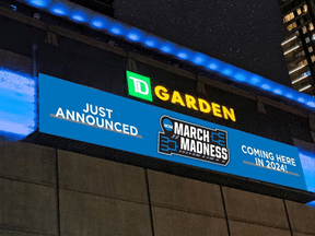 TD Garden marquee announces NCAA March Madness arriving in 2024 with vibrant blue signage